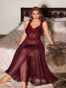 Slumberist Maroon Mesh Plus Size Sleeveless Semi-Sheer Midi Nightgown With Ruffle Detailing Plus Size Nightgown Plus Size Lingerie Dress Plus Size Night Dress Plus Size Gown - Maroon - View 1