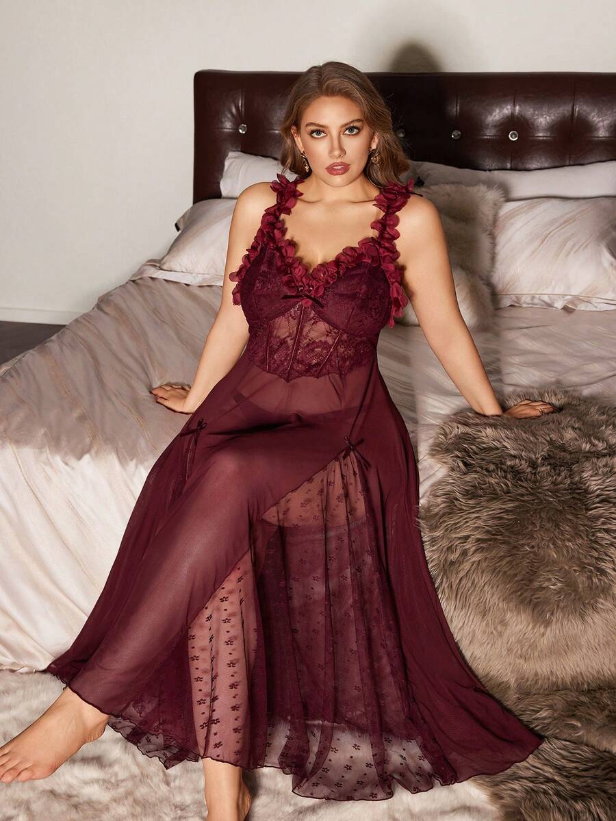 Slumberist Maroon Mesh Plus Size Sleeveless Semi-Sheer Midi Nightgown With Ruffle Detailing Plus Size Nightgown Plus Size Lingerie Dress Plus Size Night Dress Plus Size Gown - Maroon - View 1