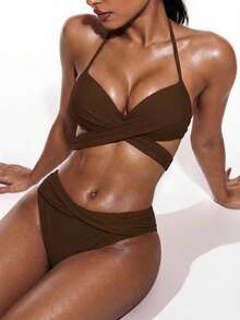 Swim Basics Solid Color Bikini Swimwear, Wireless - Brown - View 3