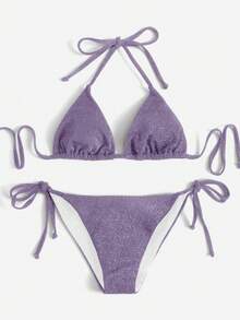 Swim Mod 女士纯色挂脖系带性感比基尼泳装套装，夏季沙滩系带比基尼套装，纹理比基尼套装，度假系带比基尼套装，超迷你比基尼套装，度假比基尼 - 淺灰紫 - 查看 1