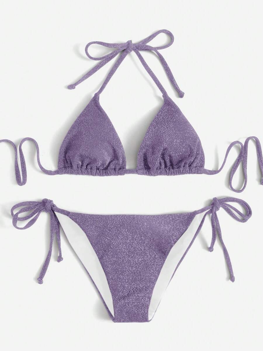 Swim Mod 女士纯色挂脖系带性感比基尼泳装套装，夏季沙滩系带比基尼套装，纹理比基尼套装，度假系带比基尼套装，超迷你比基尼套装，度假比基尼 - 淺灰紫 - 查看 1
