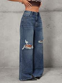 SHEIN Tall 高腰做旧水洗阔腿牛仔裤 - 深色水洗藍 - 查看 5