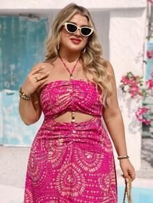 Vivid Eden 大码露背系带镂空串珠装饰波西米亚印花连衣裙，适合度假穿着 - 彩色 - 查看 4