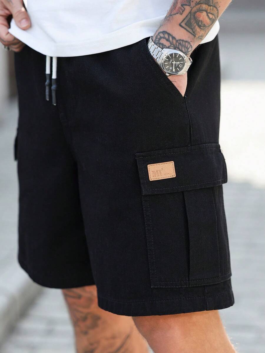 Manfinity Homme Men's Elastic Waist Drawstring Pocket Cargo Shorts - Black - View 1