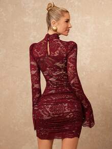 Lumalex Women's High Collar Lace Padded Shoulder Flare Sleeve Cinched Waist Ruched Flounce Hem Mini Dress ,Spring Dresses For Women,Elegant Dress - Burgundy - View 2