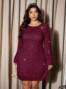 Elaquor Đầm dự tiệc dài tay cổ tròn màu trơn dành cho nữ cỡ lớn đính sequin - Màu Đỏ Sâu - Xem 6