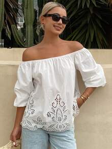 Livesso Women's Loose Solid Off Shoulder Long Sleeve Hollow Embroidered Casual Holiday Blouse Top, Summer Vacation Outfits Women - White - View 5