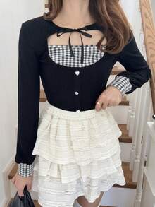 FRIFUL 女士格子拼接抽绳领二合一甜美修身T恤，春季显瘦套装 - 黑色 - 查看 6