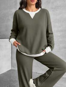 EURMUSE 2 Pcs, Blok Colar Sweatshirts & Pants - Army Green - View 4