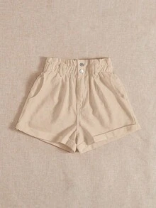 Breezaya 女士带口袋纽扣褶裥休闲百搭日常牛仔短裤 - 杏色 - 查看 5