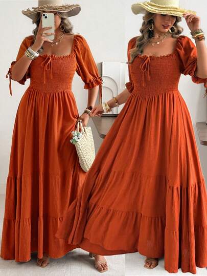 Ceyna Đầm chữ A tay ngắn cổ vuông màu cam dành cho nữ cỡ lớn, thắt eo, thích hợp cho mùa xuân/hè.