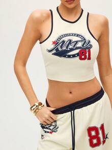 MTV | SHEIN Bộ đồ nữ thời trang thường ngày họa tiết chữ cái và số, áo croptop và quần ống rộng cạp chun, thích hợp cho mùa hè. - Màu be - Xem 8