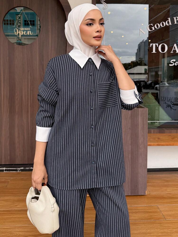 2pcs Women Casual Collared Cotton Striped Top And Pants Set