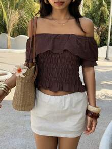 Livesso Brown Ruffled Off-Shoulder Vacation Blouse For Women Summer - Coffee Brown - View 8