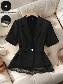 GlowEve CURVE 大码简约纯色短袖西装外套 - 黑色 - 查看 4