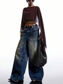 LYSMO 女士时尚通勤不对称下摆短款T恤 - 咖啡棕 - 查看 7