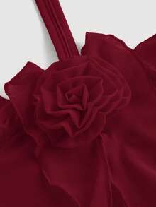 SHEIN MOD Wine Red Halter Neck Floral Decor Ruffle Collar Tie Romantic Stretch Knit Mesh Women Dress - Burgundy - View 3