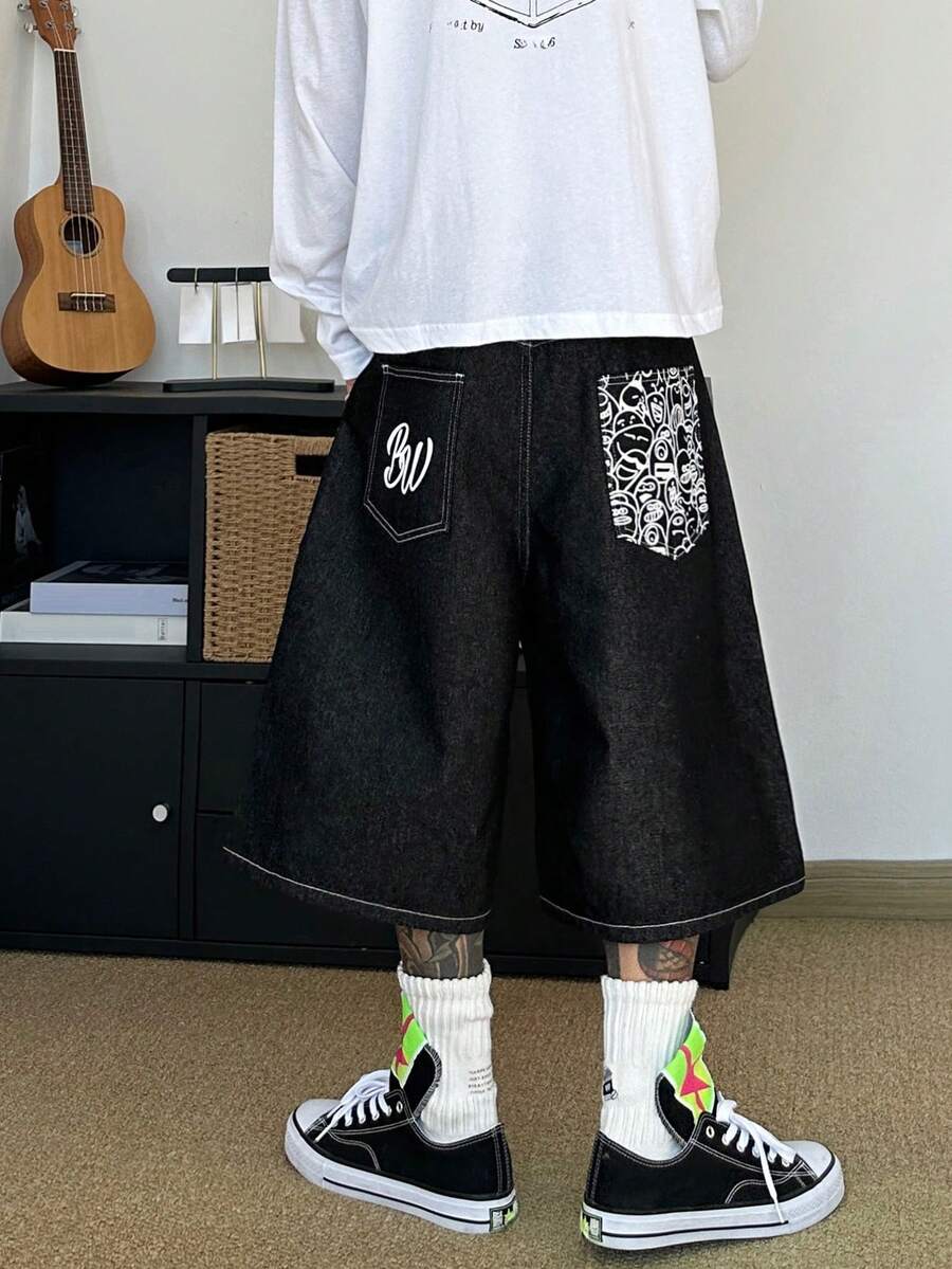 STEELVANCE Quần jean denim trơn màu đa năng phong cách đường phố mùa hè, quần short ống rộng dáng suông có túi sau. - màu đen - Xem 1