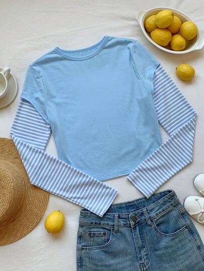 Comfortcana 2026 New Arrival Spring/Summer Fashionable Women's Striped Patchwork Round Neck Casual Long Sleeve T-Shirt Summer Outfits For Women Beach Outfit Going Out Tops Elegant Blouses For Ladies  Vacation Outfits Women Casual Blouses For Women Y2K Tops 2000s Style