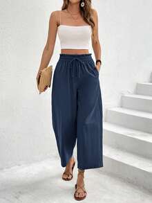 SHEIN Frenchy 女士休闲度假通勤纯色抽绳纸袋腰侧口袋阔腿裤 - 藏蓝色 - 查看 3