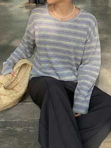 Dazy Plus Áo thun nữ cỡ lớn thời trang, năng động, cổ tròn, tay dài, kẻ sọc, dáng rộng, phong cách đường phố, thích hợp cho mùa xuân/thu. - Màu xanh lam - Xem 4