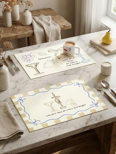 Joivida May Your Days Be Merry And Bright Themed PU Leather Placemat Set - Whimsical Dining Mat With Lemon & Cocktail Illustrations, Thoughtful Gift For Friends & Family, Reusable Table Mat For Daily Meals & Casual Gatherings, Elegant Kitchen Decor Accessory For Warm Celebrations