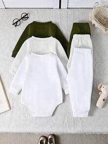 SHEIN Vintaside Kids 男婴纯色圆领长袖连体衣三件套，有黑色、白色和灰色可选，简约设计，宽松版型，适合不同体型。三件套包含一件连体衣上衣和三条无腰带长裤，适合多种场合：户外玩耍休闲自在；居家休闲舒适；运动灵活自如。 - 彩色 - 查看 2