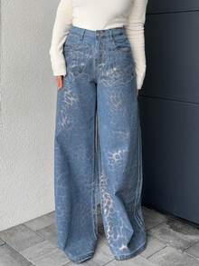 Jeta Ari 女士时尚豹纹阔腿牛仔裤 - 淺藍色 - 查看 4