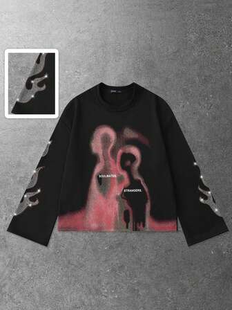 Street Life Maglietta a maniche lunghe da uomo con stampa ritratto sfocato, vestibilità ampia e corta