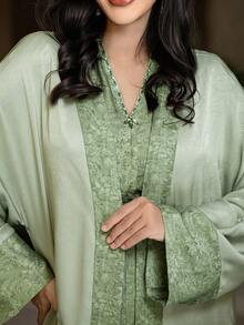 Layrah Comfortable Mint Green Hand-Stitched Beaded & Rhinestone Print Dress And Abaya Set - Green - View 4