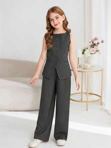 SHEIN Serisse Kids 少女通勤休闲纯色圆领无袖上衣和直筒裤套装 - 灰色 - 查看 5