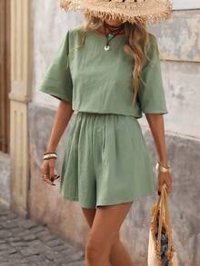 Brillora 女士休闲连体裤，圆领，收腰设计，A字廓形，质感面料，适合夏季外出和度假。 - 綠色 - 查看 4