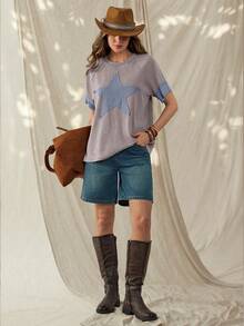 Wildy BOHO Lässiges amerikanisch-westliches Vintage Distressed Stern Muster Kurzarm T-Shirt, Basic für Frühling/Sommer Alltag, Pendeln - Verschiedenfarbig - Übersicht 3