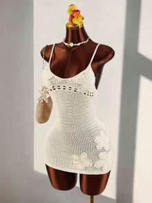 Amplova Women's Crochet Mini Dress, Sexy Sheer Floral Slip Dress, Vacation Dress - Apricot - View 9