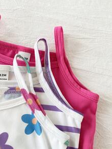 SHEIN 3件套女婴夏季休闲纯色罗纹连体衣，蝴蝶印花，3D蝴蝶结装饰，无袖 - 彩色 - 查看 4