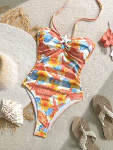 Soleia Women's Vacation Starfish Print Ruched Textured Halter One-Piece Swimsuit - Multicolor - View 1