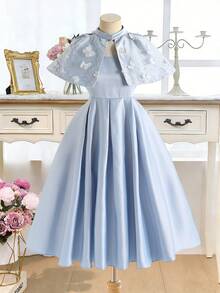 SHEIN Tween-Mädchen 2 Stücke Elegantes Kleiderset, Kleid mit Spaghettiträgern + Schal, geeignet für Mittelöstliche Feste, Partys, Alltagstragen, anmutiges & luxuriöses Prinzessinnenkleid - Blau - Übersicht 5