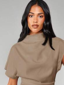 MISSGUIDED Áo kiểu cổ cao tay ngắn ôm sát, có đai lưng, thích hợp mặc hàng ngày. - Màu Khaki - Xem 4