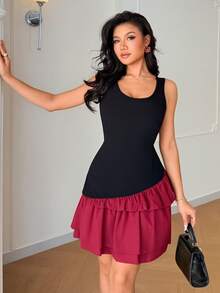Chiquease Vestido curto estilo bolo em contraste preto e vermelho, moderno e elegante para shows, festas, Ano Novo e encontros no Dia dos Namorados. - Vermelho e preto - Ver 4