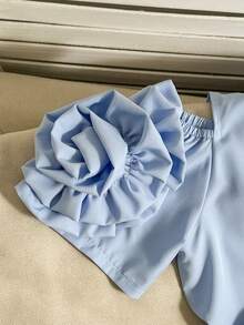 SHEIN Tween Girl Solid Color Off-Shoulder Floral Decor Single-Breasted Fashionable Blouse - Baby Blue - View 5