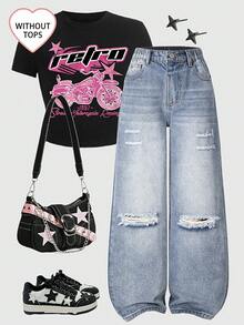 Tween Girls' Distressed Boyfriend Jeans, Retro American Style Loose Fit Wide Leg Casual Denim Pants, Blue - Blue - View 8