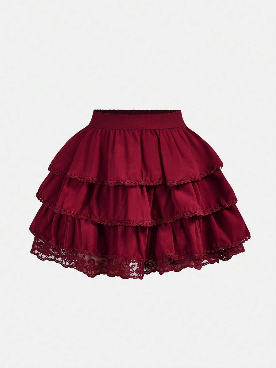 SHEIN Girlism Tween Girl Vacation Casual Spring/Summer Chiffon Layered Skirt - Red - View 1