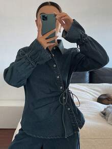 Livesso 女士休闲牛仔系带露肩上衣和裤子套装，秋冬款 - 藍色 - 查看 4