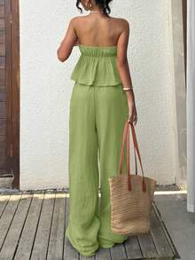 SHEIN EZwear Áo croptop ống rộng buộc dây, gấu quần nhún bèo và quần ống rộng dành cho nữ - trang phục thường ngày thoải mái khi đi nghỉ mát. - Màu xanh chanh - Xem 2