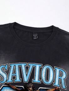 ROMWE MEN Street Life Men's Jesus Print Washed Vintage Distressed Short Sleeve T-Shirt,  Spring/Summer - Black - View 5