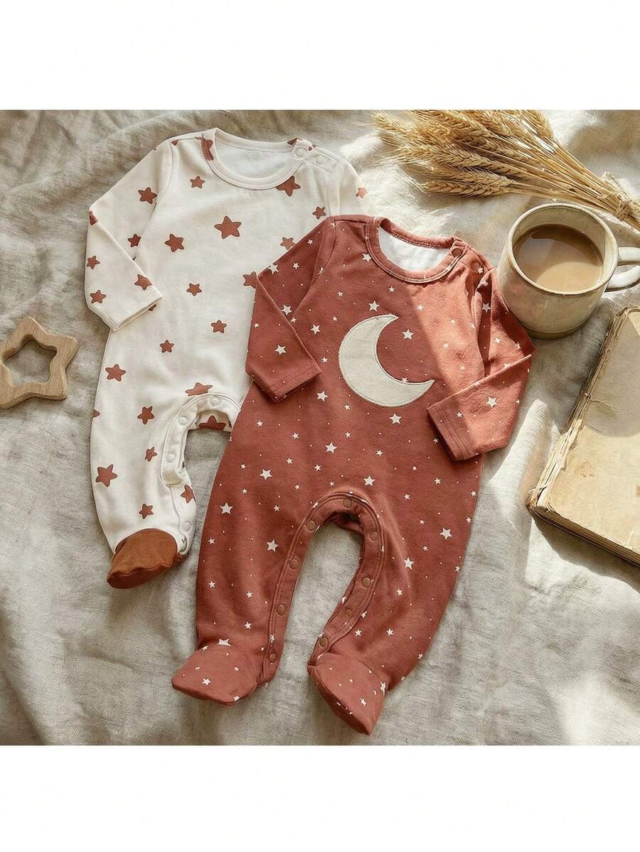 Loomiva Newborn Baby Girl Star Pattern Knitted Soft Crew Neck Long Sleeve Romper & Pants 2-Piece Set - Multicolor - View 1