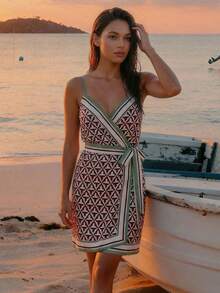 CAJUNI 女士度假几何条纹印花系腰吊带连衣裙 - 卡其色 - 查看 3