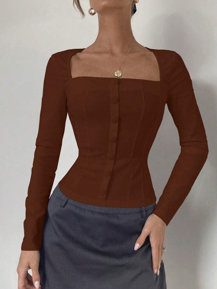 Almamuse Niche Design Fitted Long Sleeve Square Collar Shirt - Coffee Brown - View 1