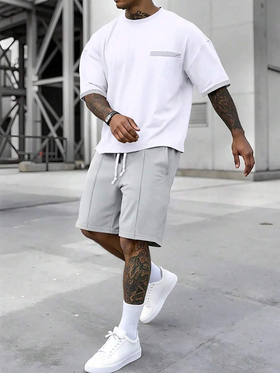 Manfinity Homme 男士休闲撞色圆领落肩短袖T恤短裤套装，夏季 - 灰色 - 查看 1