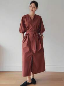 Dazy-Less 夏季宽松商务休闲纯色通勤办公装拼接长款衬衫裙，收腰设计，泡泡袖，短袖女款 - 紅木色 - 查看 5
